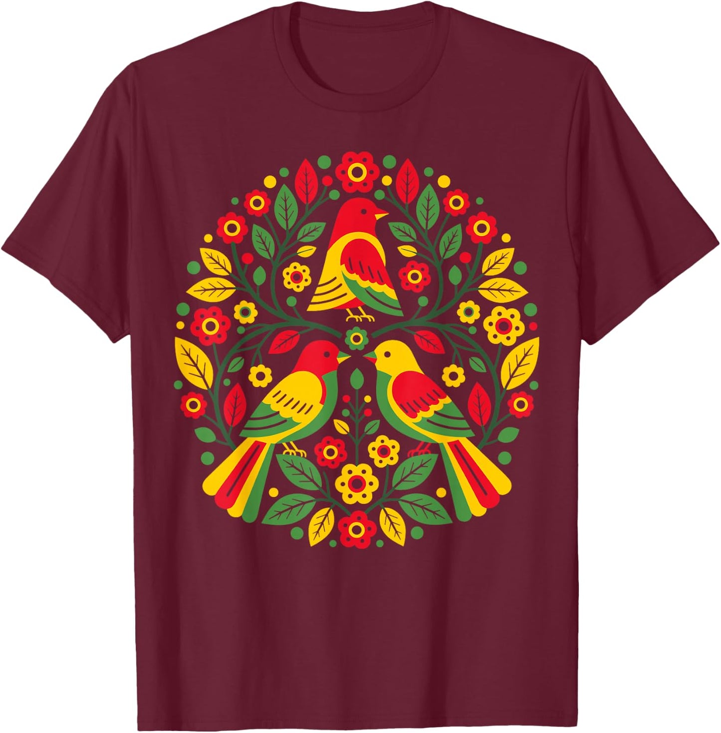 Rasta Reggae Roots Three Birds Jamaica Folk Art Floral T-Shirt - T-Shirt | Maroon