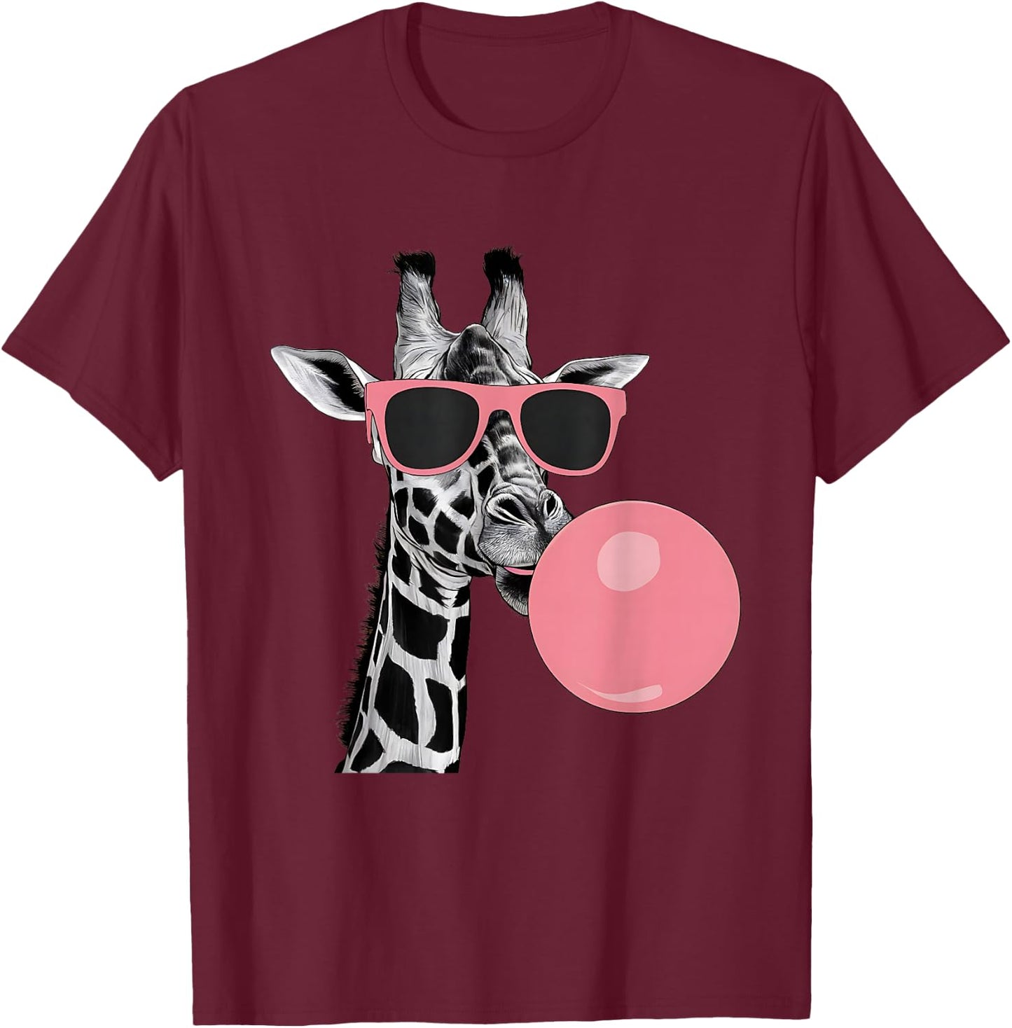 Funny Cool Giraffe Pink Bubble Gum and Pink Sunglasses Cute T-Shirt - T-Shirt | Maroon
