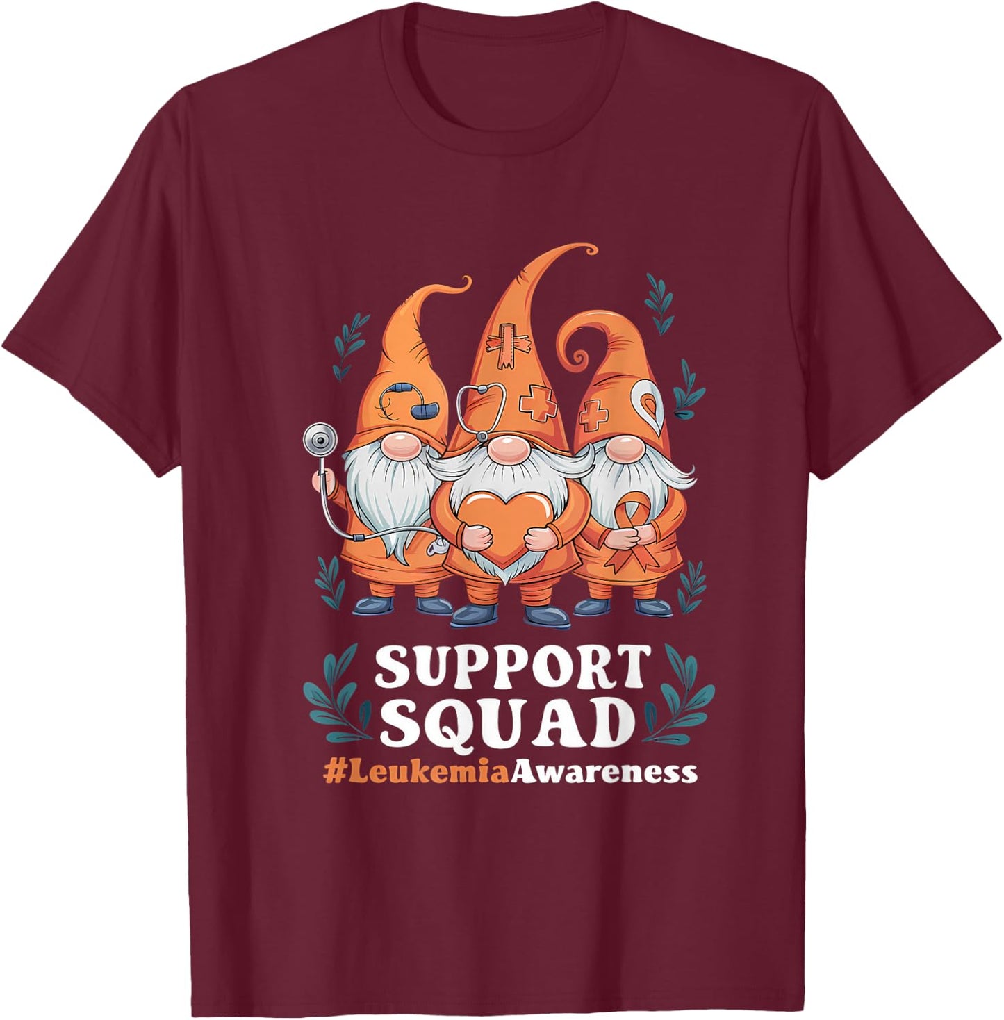 Leukemia Cancer Awareness Gnome Support Squad Orange Ribbon T-Shirt - T-Shirt | Maroon