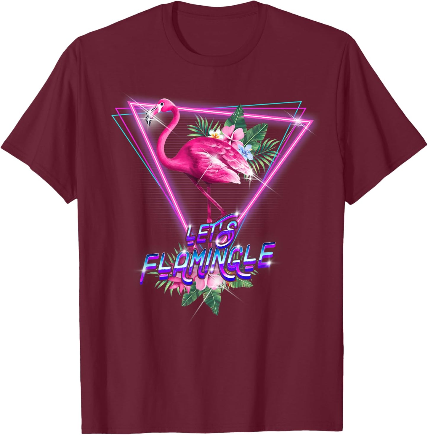 Retro 80s Botanical Tropical Leaf Flowers Let's Flamingle T-Shirt - T-Shirt | Maroon
