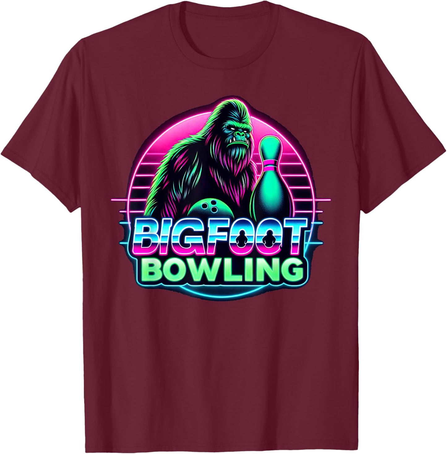 Bigfoot Bowling Funny Sasquatch Bowler Alley Pin Graphic T-Shirt - T-Shirt | Maroon