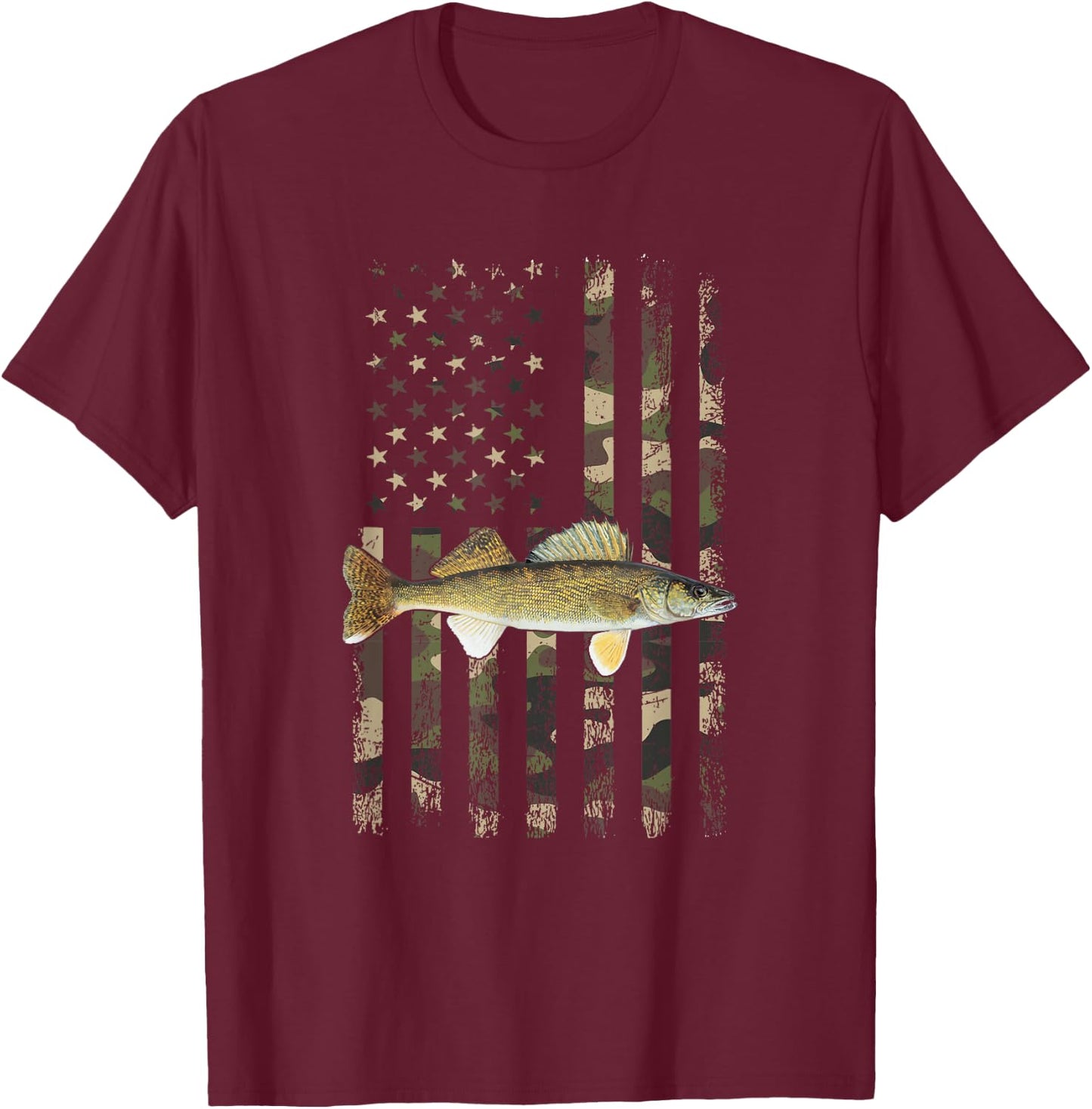Walleye Camo American Flag, Fishing Walleye T-Shirt - T-Shirt | Maroon