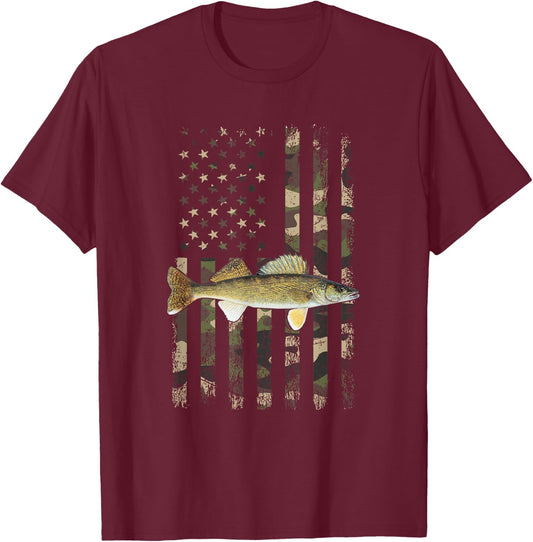Walleye Camo American Flag, Fishing Walleye T-Shirt - T-Shirt | Maroon