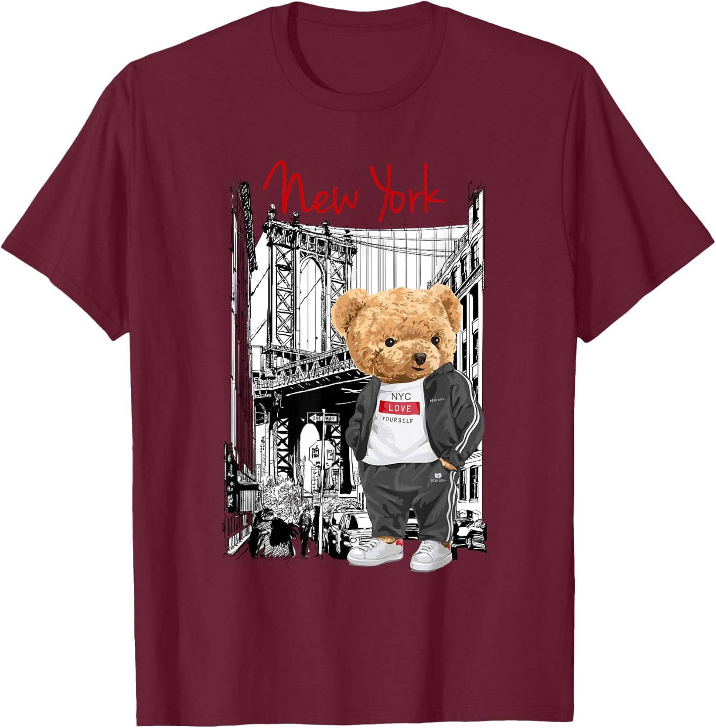Cool New York City Teddy Bear Illustration Graphic Designs , Black, S T-Shirt - T-Shirt | Maroon