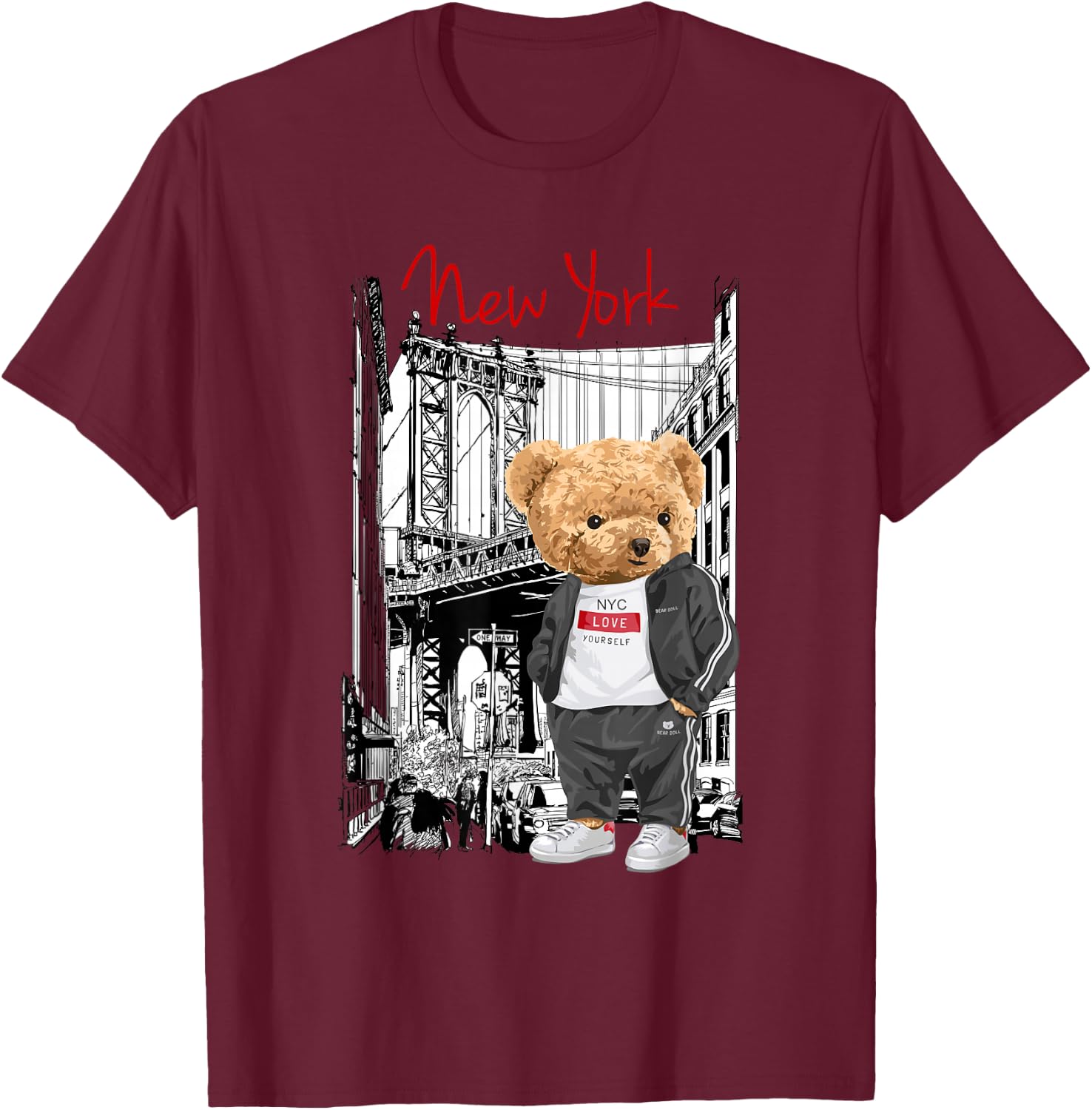 Cool New York City Teddy Bear Illustration Graphic Designs , Black, S T-Shirt - T-Shirt | Maroon