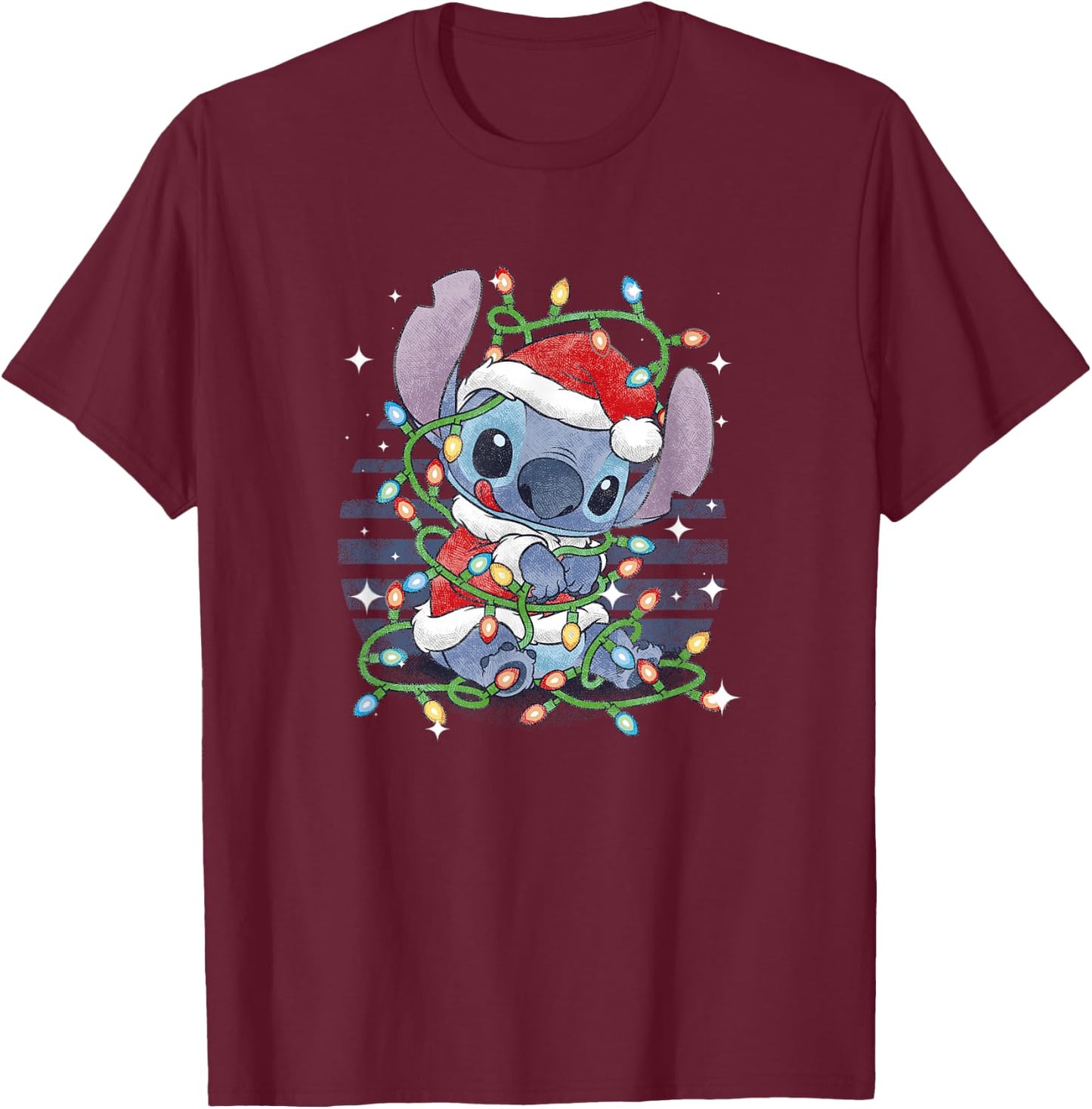 Disney Lilo & Stitch Christmas Tangled Lights Portrait T-Shirt - T-Shirt | Maroon