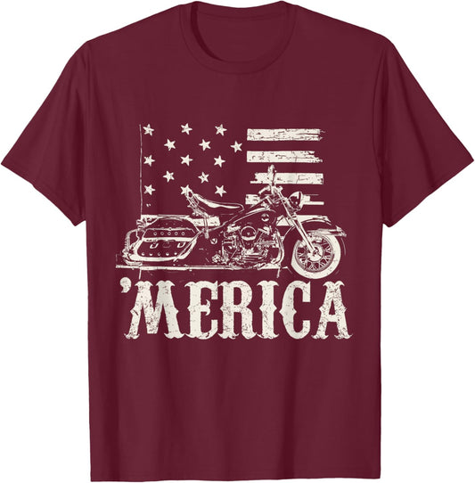Vintage American Motorcycle with flag 'Merica biker shirt T-Shirt - T-Shirt | Maroon