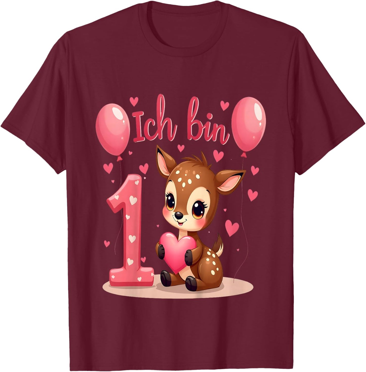 Children's Cute Deer I Am 1 Children's Birthday 1st Birthday Girl , black T-Shirt - T-Shirt | Maroon