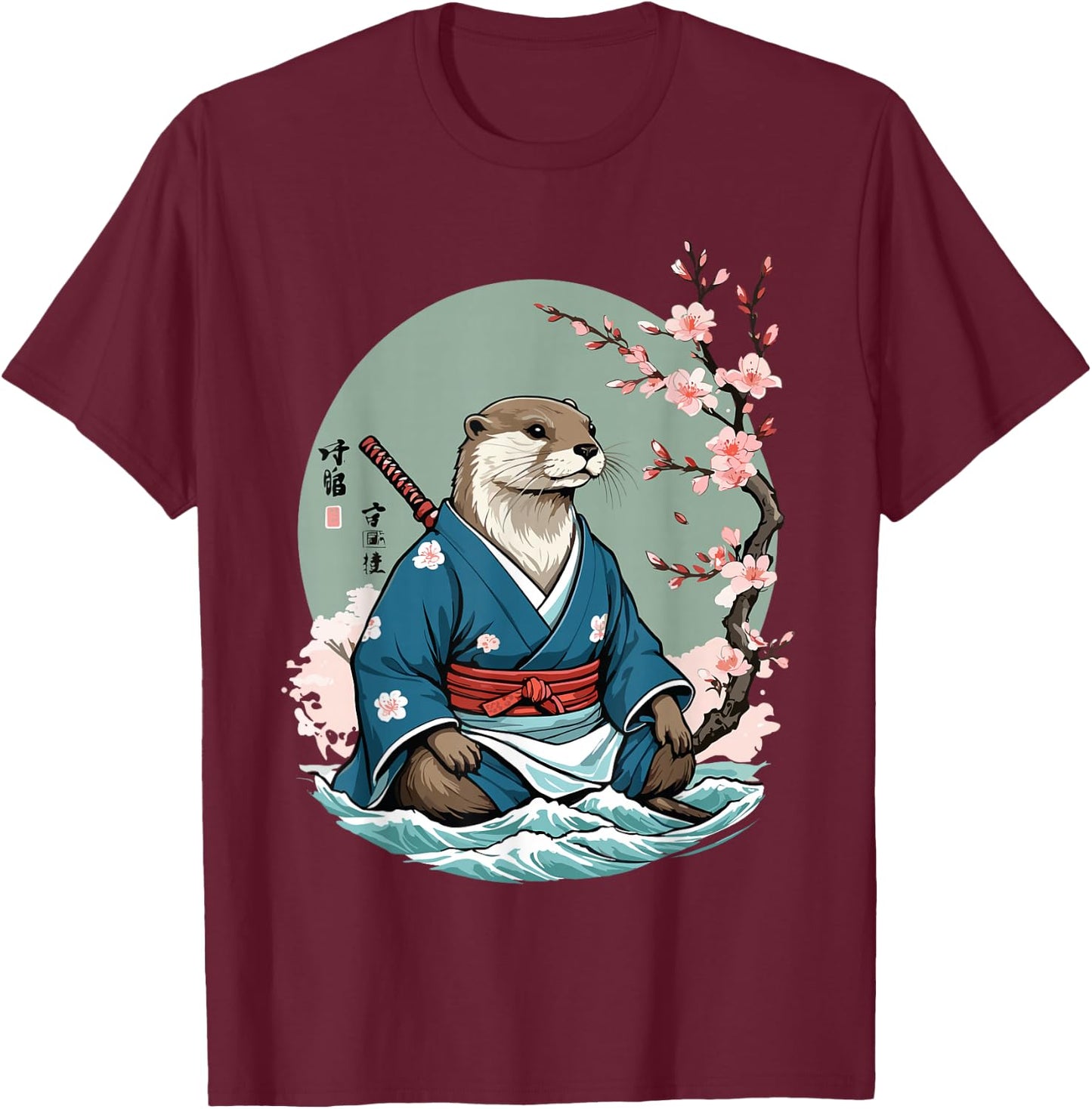 Aesthetic Otter Samurai in Water Funny Vintage Japan T-Shirt - T-Shirt | Maroon