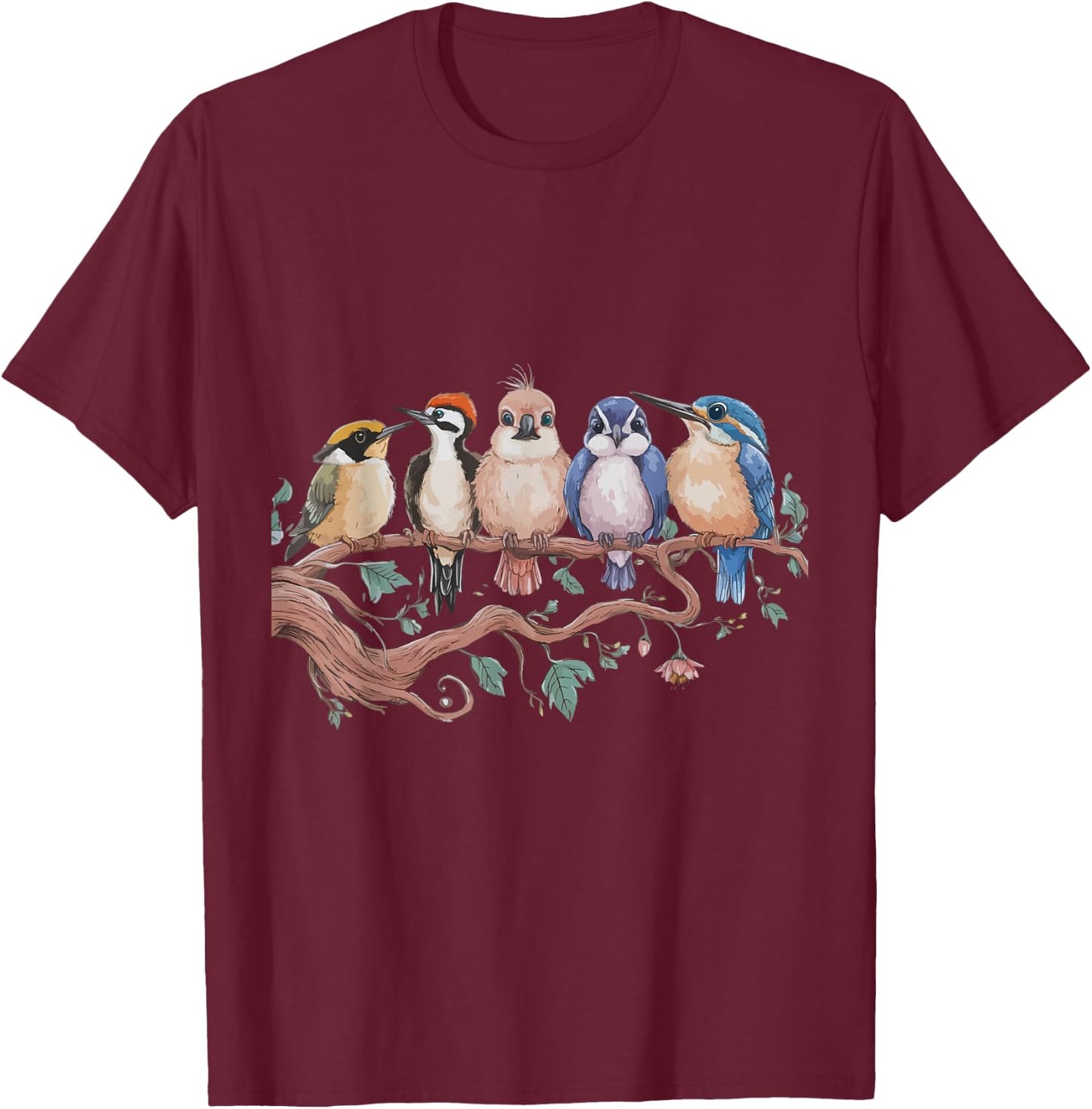 Whimsical Birdwatcher's Dream Perched Friends Cute Birds T-Shirt - T-Shirt | Maroon
