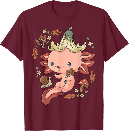 Cottagecore Axolotl Aestethic Mushrooms Cute Goblincore T-Shirt - T-Shirt | Maroon