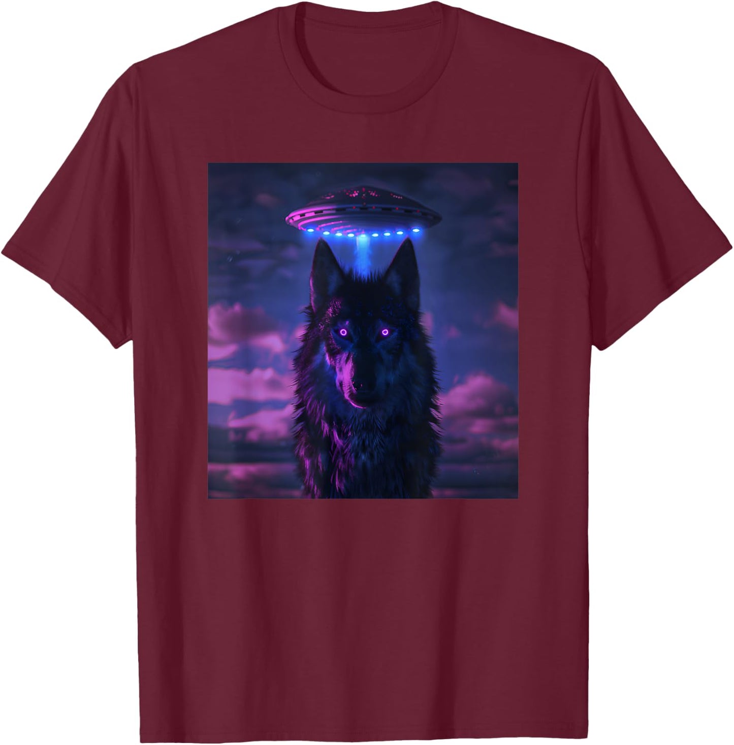 Wolf Selfie with UFO in Nature Women Outdoor Animal T-Shirt - T-Shirt | Maroon