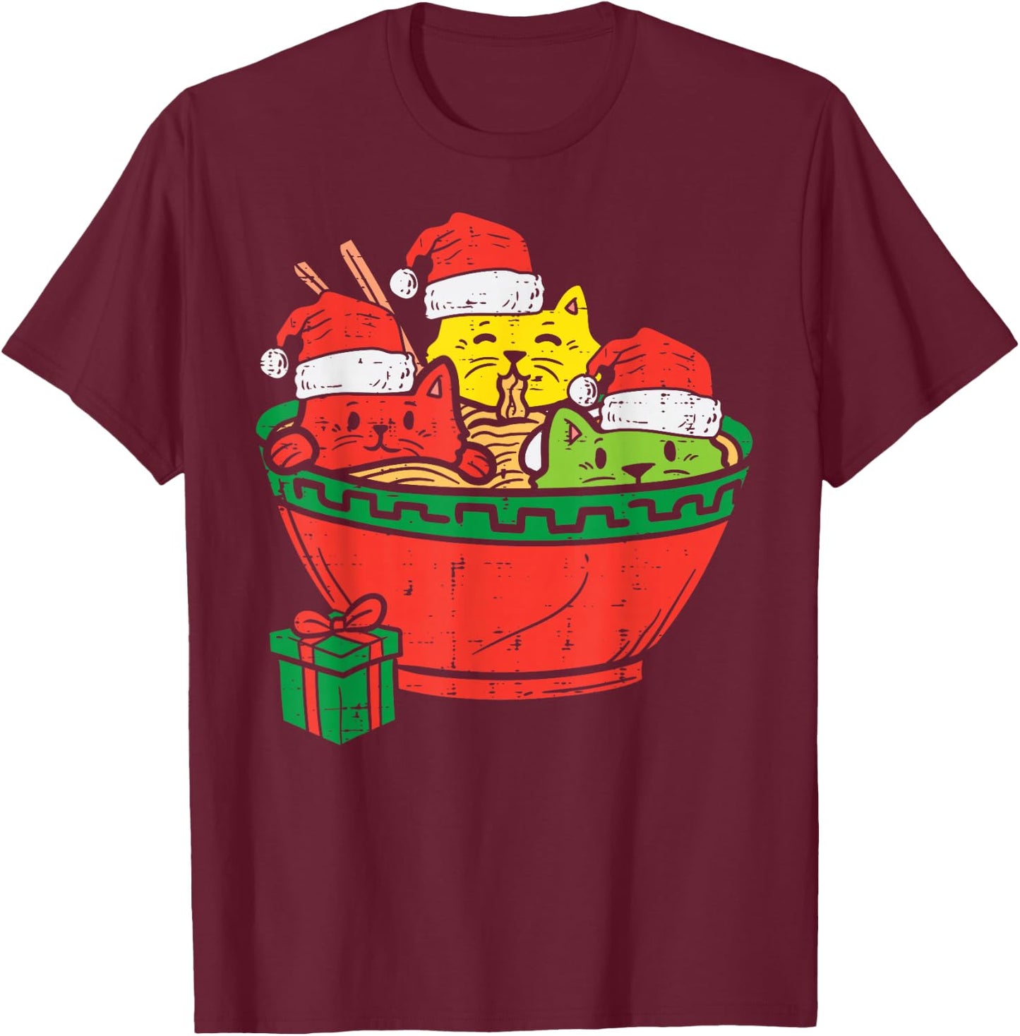 Santa Ramen Cats Anime Christmas Xmas Japanese Kids Girls T-Shirt - T-Shirt | Maroon