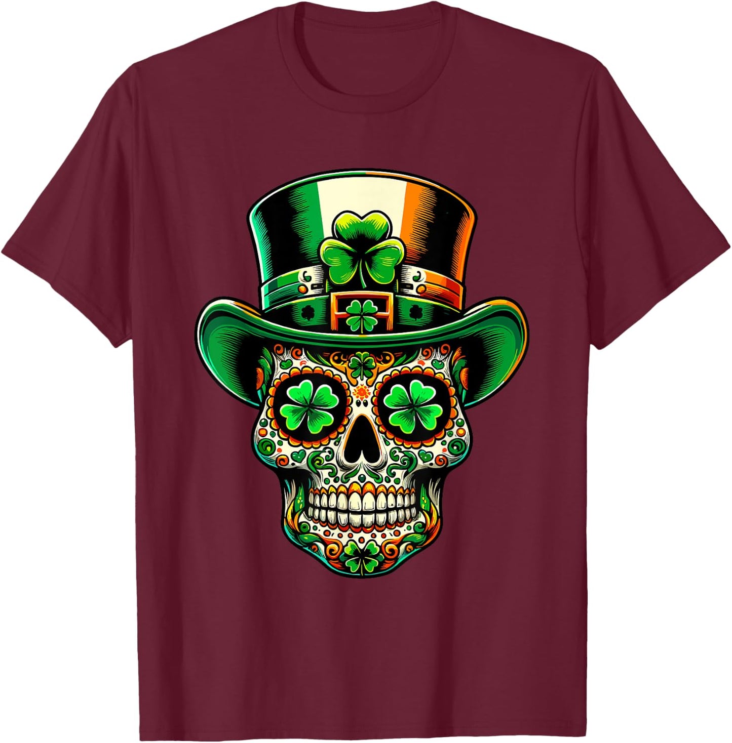 Ireland Sugar Skull Clover Irish St Patricks Day Costume , black T-Shirt - T-Shirt | Maroon