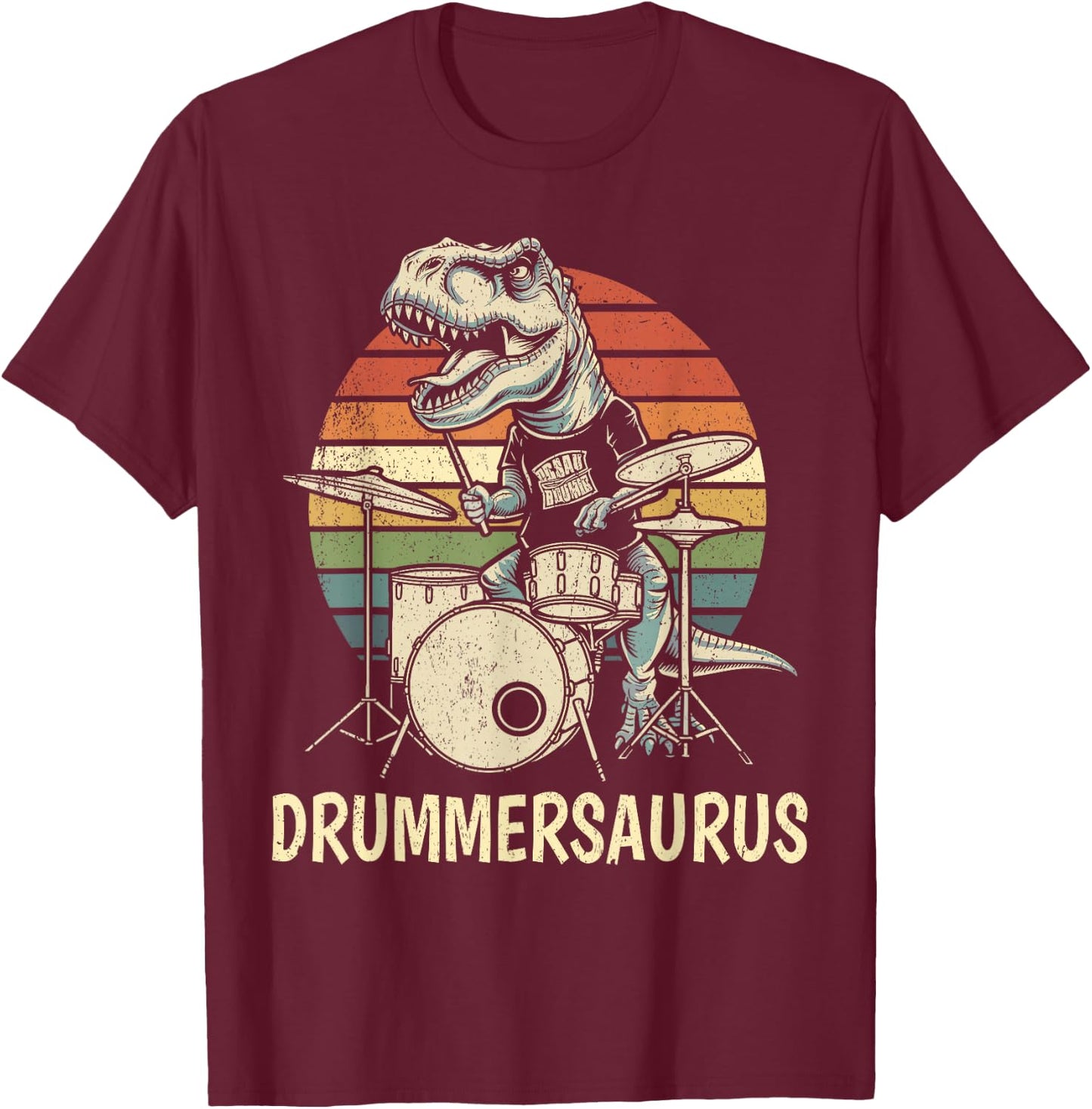 Drummersaurus T Rex Drummer Dinosaur Playing Drums Boys Kids T-Shirt - T-Shirt | Maroon