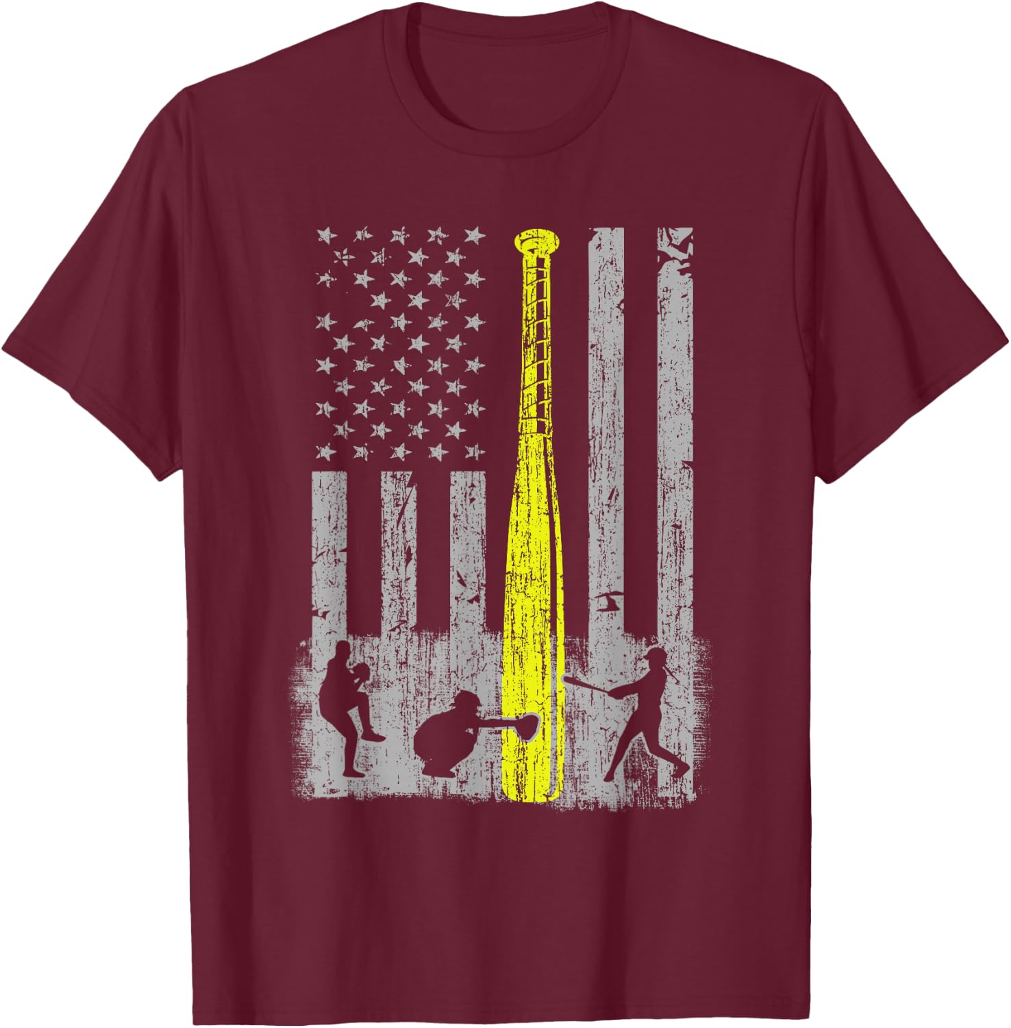 Vintage Softball American Flag Patriotic Sports 4th of July T-Shirt - T-Shirt | Maroon