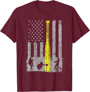 Vintage Softball American Flag Patriotic Sports 4th of July T-Shirt - T-Shirt | Maroon