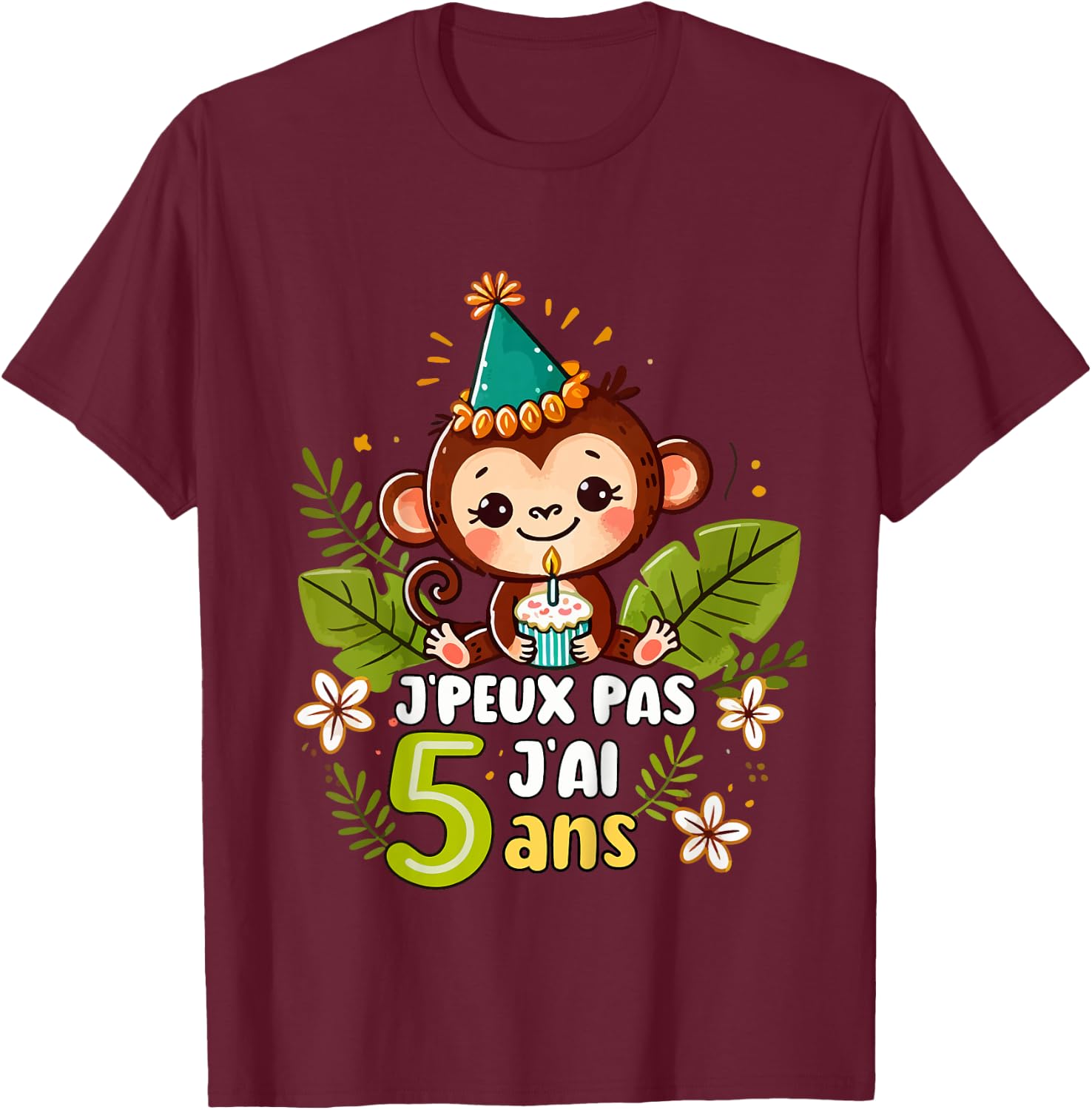 Child Je Peux Pas J'ai 5 Years Birthday Jungle Monkey Boy Green , Blue, 2 T-Shirt - T-Shirt | Maroon