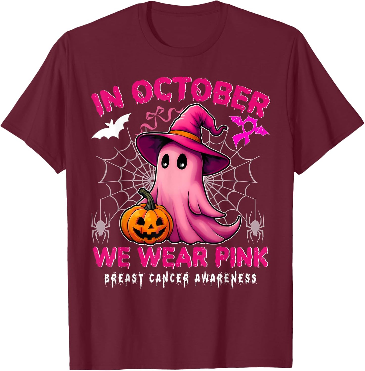 In October We Wear Pink Breast Cancer Awareness Halloween T-Shirt - T-Shirt | Maroon