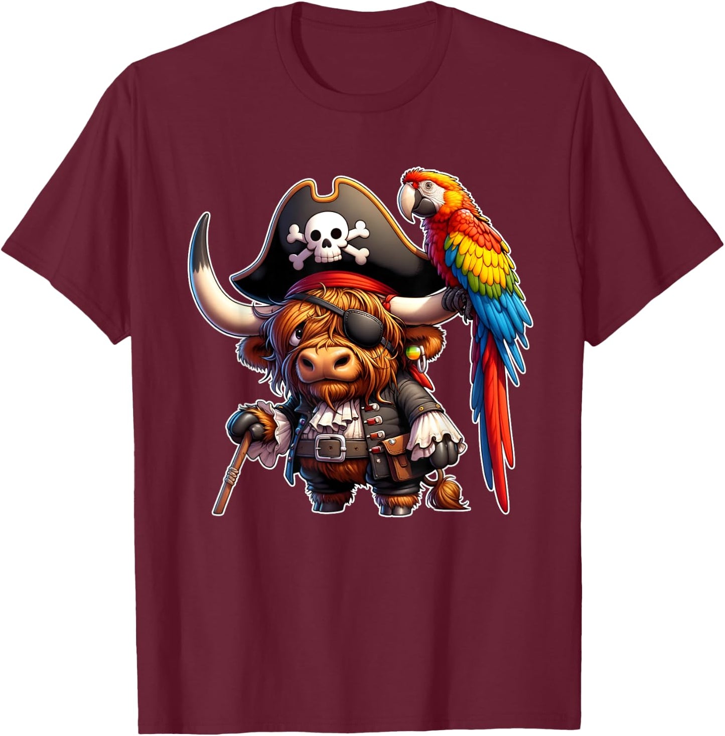 Pirate Highland Cow with Colorful Parrot T-Shirt - T-Shirt | Maroon