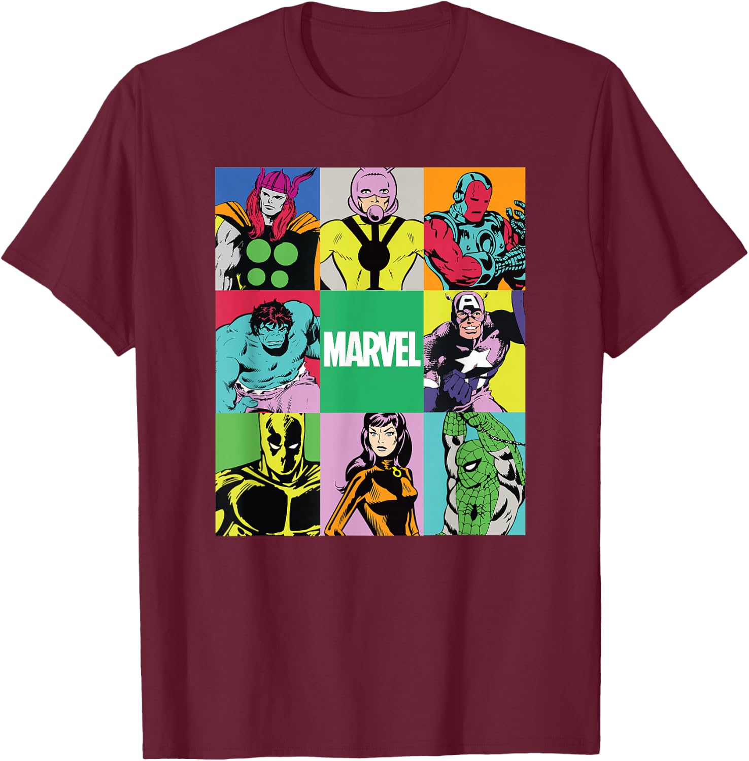 Marvel Avengers and Spider-Man Silver Age Super Heroes Retro T-Shirt - T-Shirt | Maroon