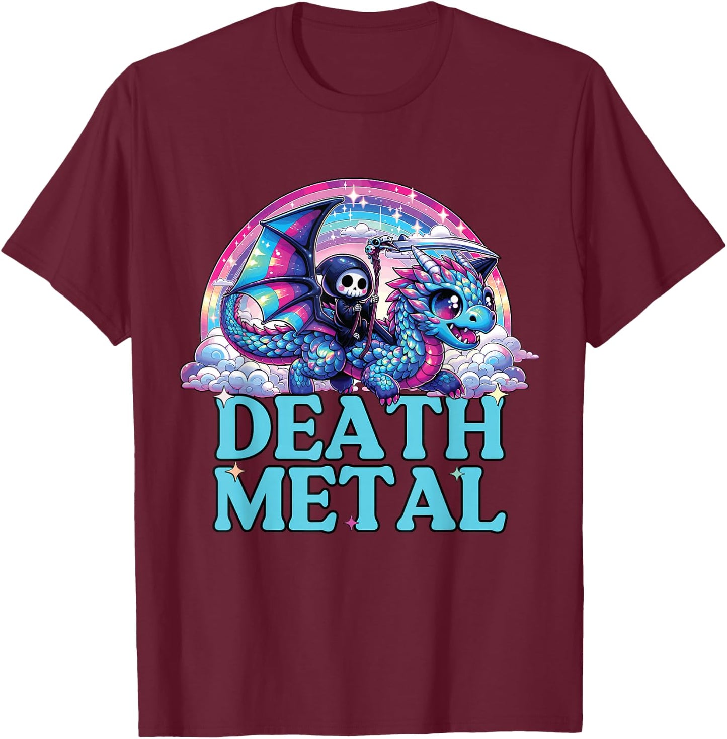 Death Metal Rainbow, Reaper with Dragon Funny Death Metal T-Shirt - T-Shirt | Maroon