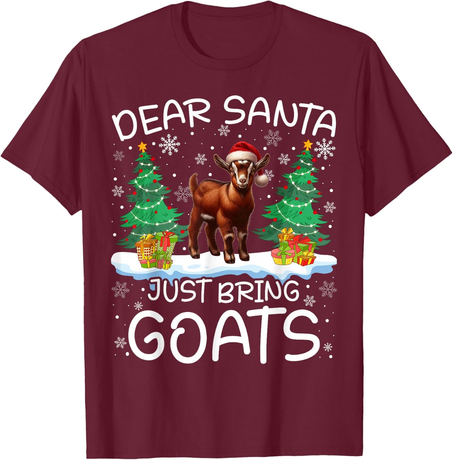 Goat Funny Santa Hat Tree Xmas Lights Snowflakes Gifts T-Shirt - T-Shirt | Maroon