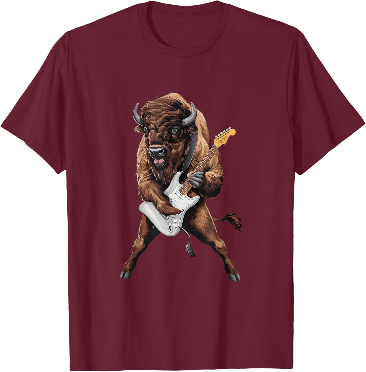 Buffalo Playing Electric Guitar Funny American Bison Lover T-Shirt - T-Shirt | Maroon