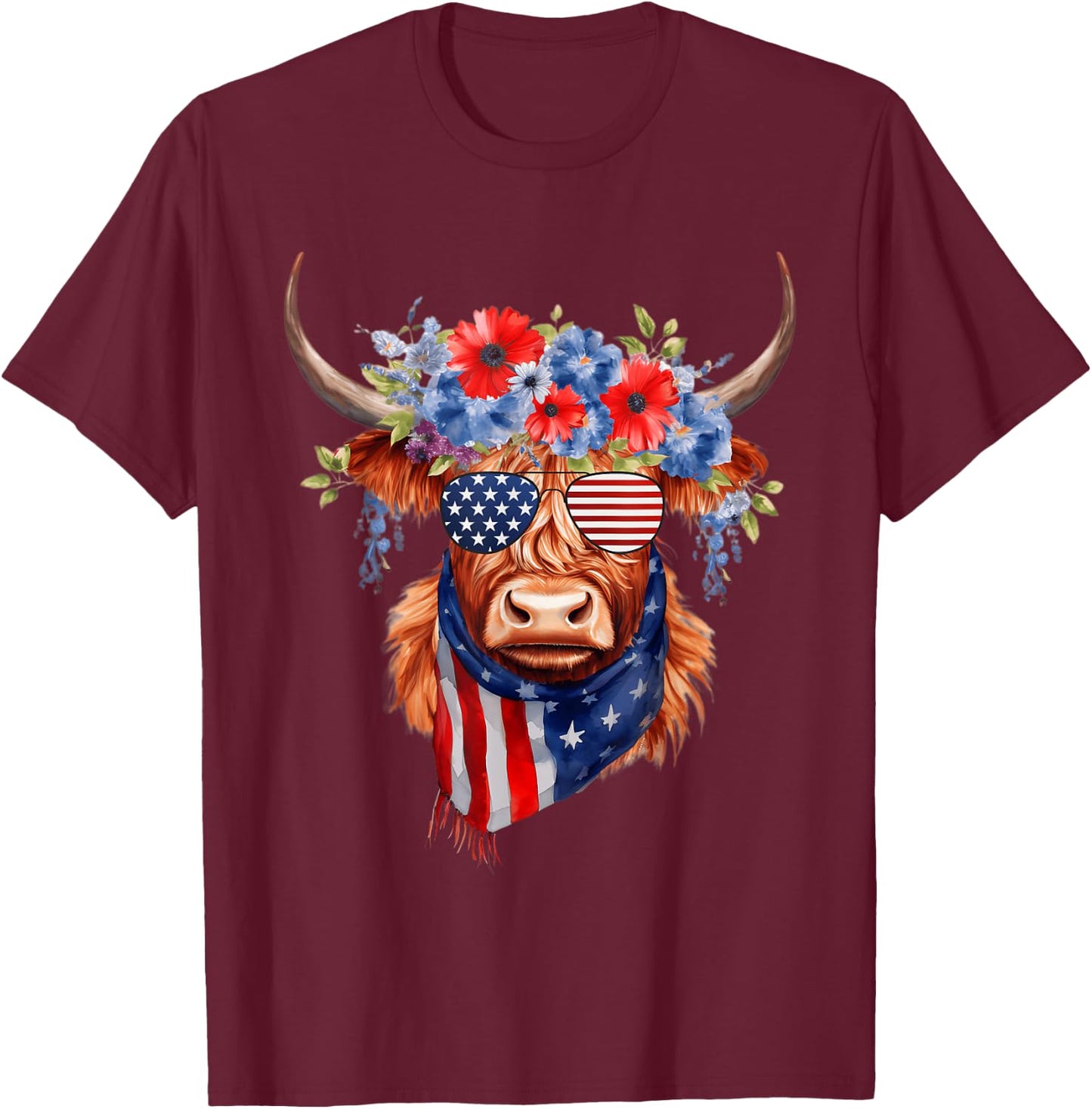 4th Of July Highland Cow Heifer American Sunglasses Bandana T-Shirt - T-Shirt | Maroon