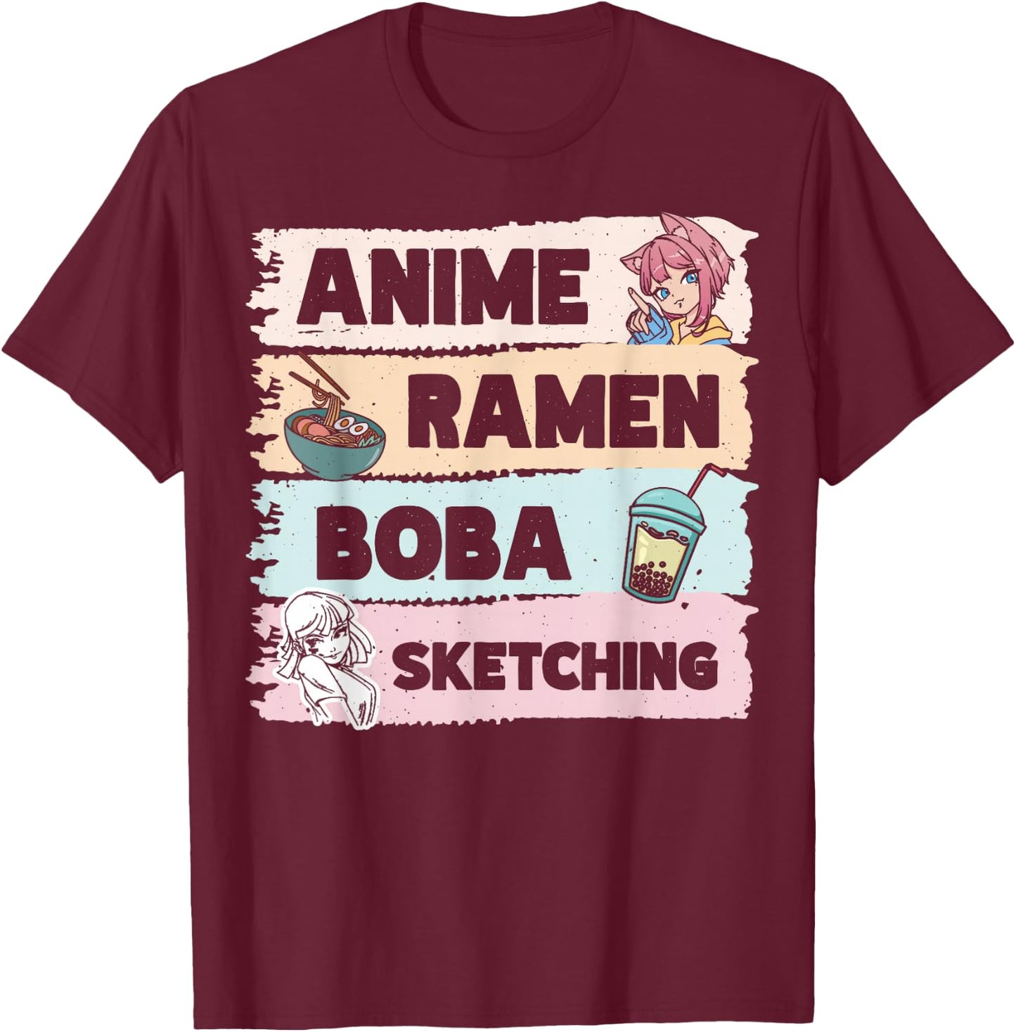 Japanese Manga Otaku Sketch Artist Bubble Tea Anime Ramen Boba Sketching T-Shirt - T-Shirt | Maroon