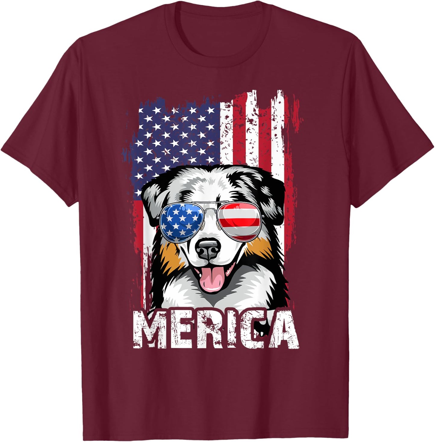 Merica Australian Shepherd 4th of July USA Flag Aussie Dog Kids Men T-Shirt - T-Shirt | Maroon