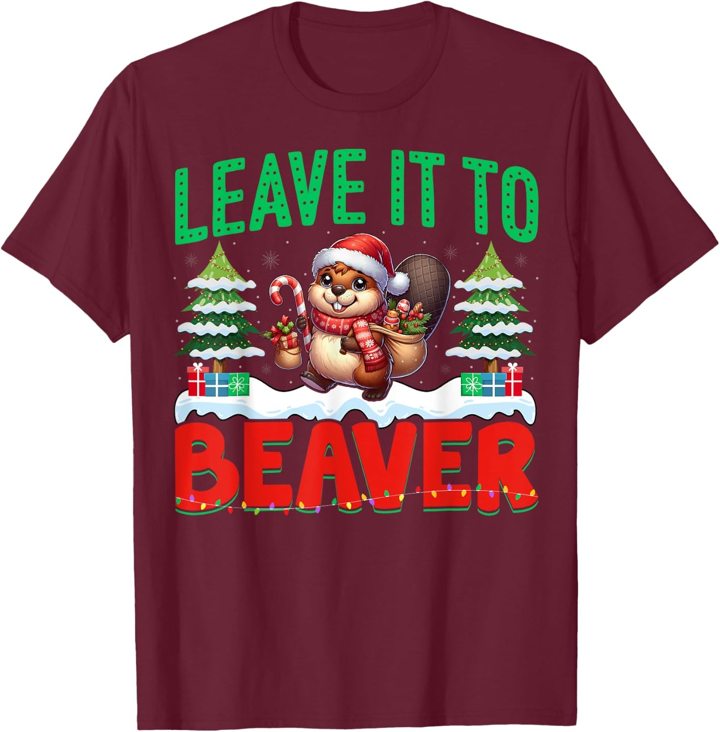 Beaver Santa Hat Xmas Lights - Leave It To Beaver Christmas T-Shirt - T-Shirt | Maroon
