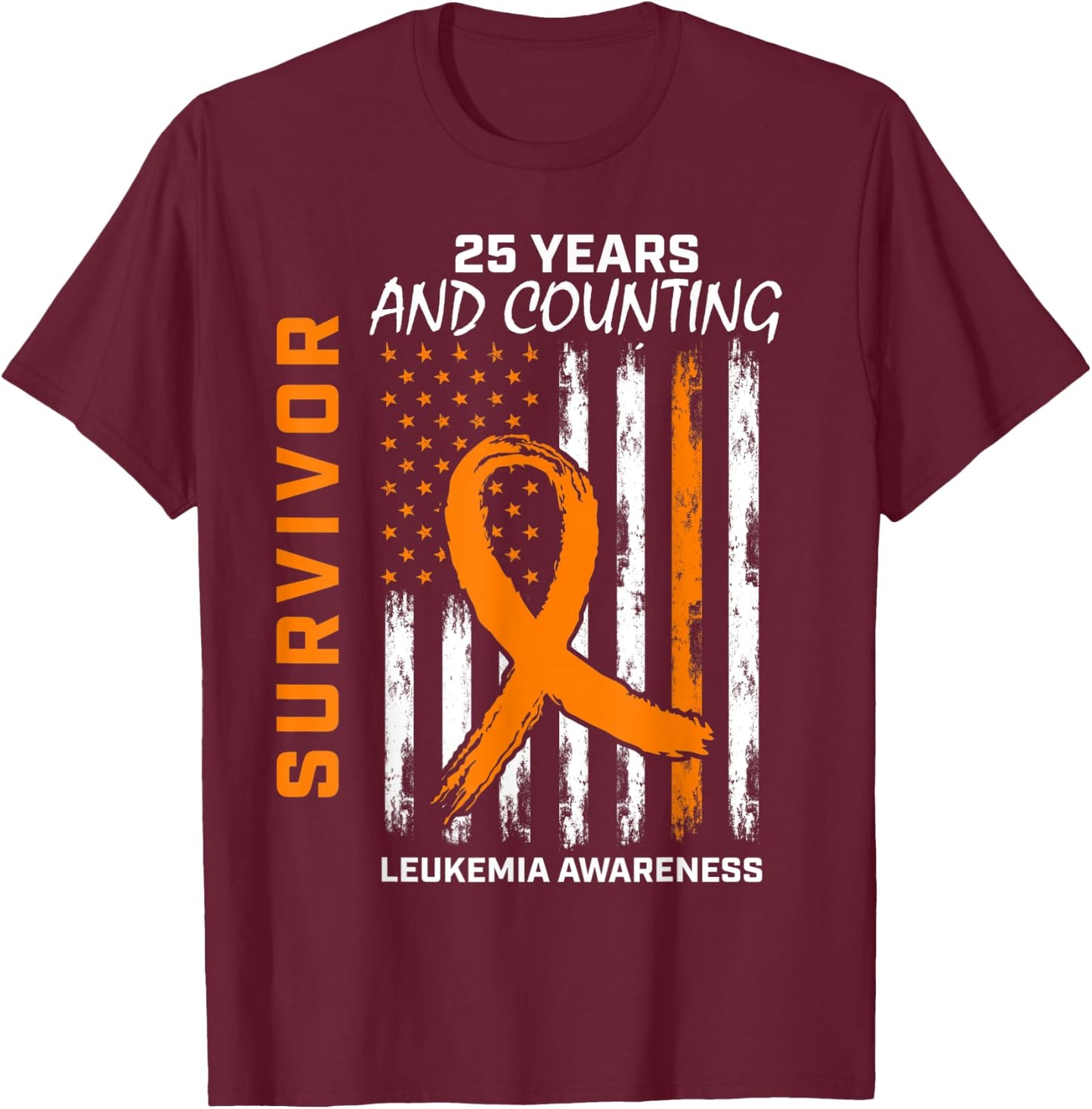 25 Years Cancer Free Orange Leukemia Survivor American Flag Kids Men T-Shirt - T-Shirt | Maroon
