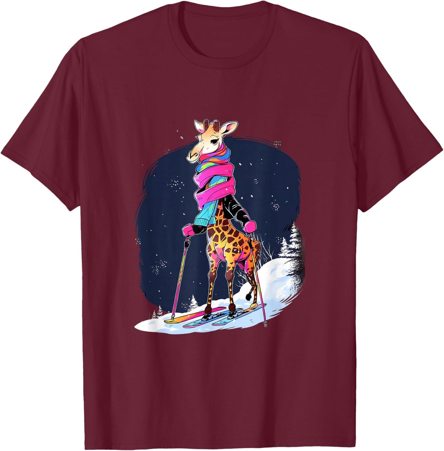 Giraffe Skiing Skier Ski Winter Snow T-Shirt - T-Shirt | Maroon