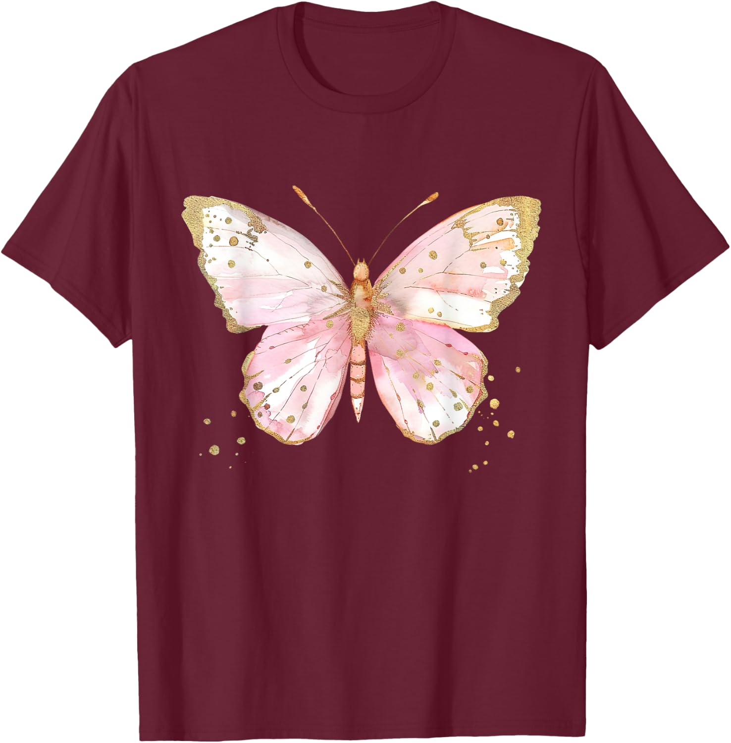 Pink Watercolor Flower Butterfly T-Shirt - T-Shirt | Maroon