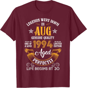 Vintage Aug 1994 Birthday Life Begins At 30 Funny Legends T-Shirt - T-Shirt | Maroon