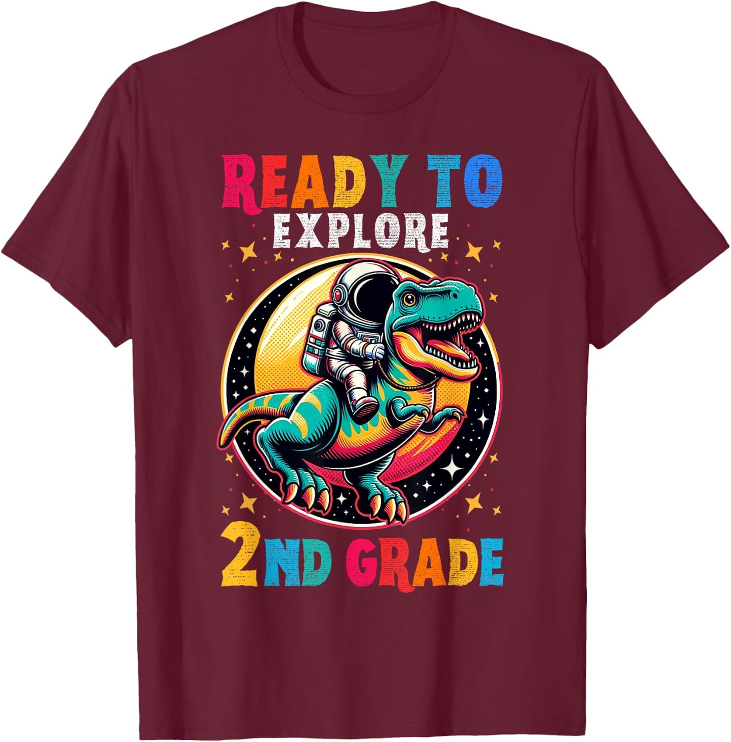 First day back to School 2nd grade Astronaut Dinosaur boys T-Shirt - T-Shirt | Maroon