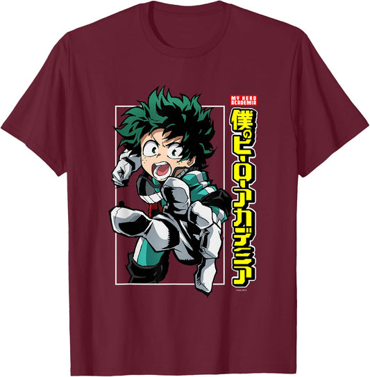 My Hero Academia Deku Action Pose with Kanji Anime T-Shirt - T-Shirt | Maroon