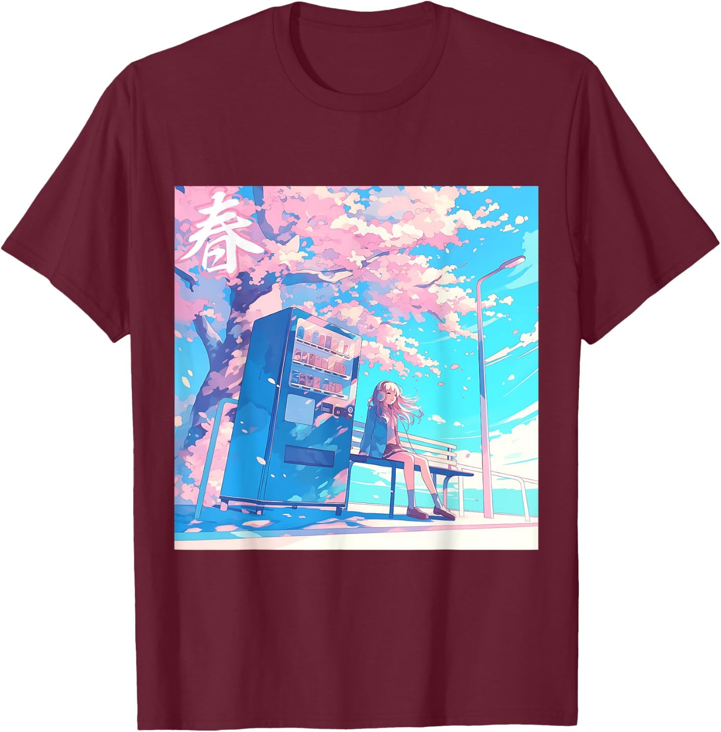 Spring Girl Under Cherry Blossom Tree Otaku Lofi Aesthetic T-Shirt - T-Shirt | Maroon