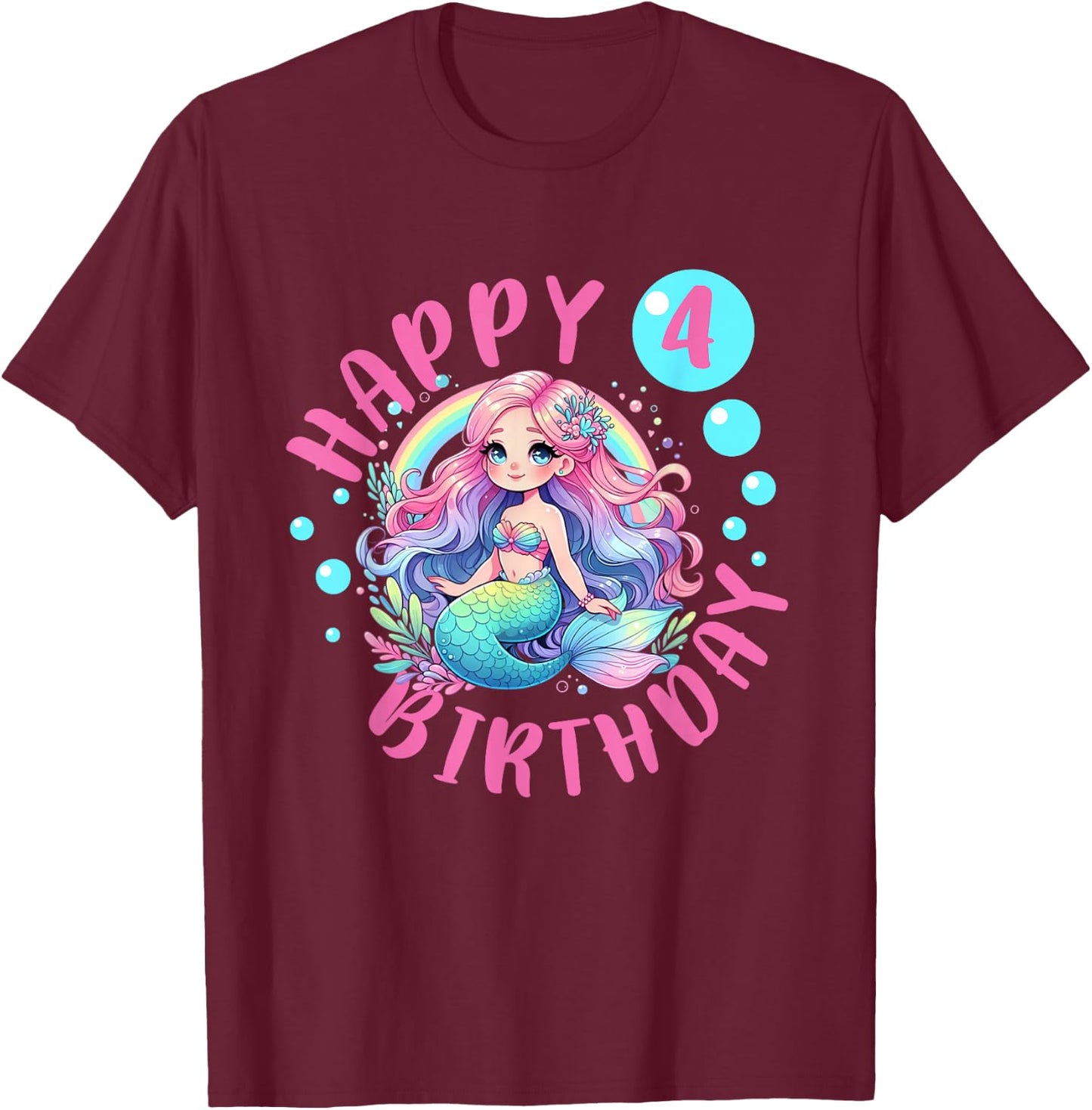 Happy Mermaid 4th Birthday Girl 4 Year Old Bday Mermaid T-Shirt - T-Shirt | Maroon
