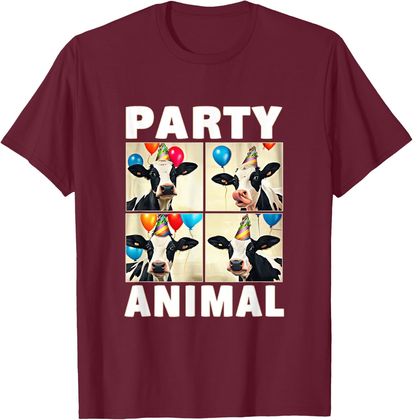 Cow Face Colorful Balloons Farm Animal Party Hat Photobooth T-Shirt - T-Shirt | Maroon