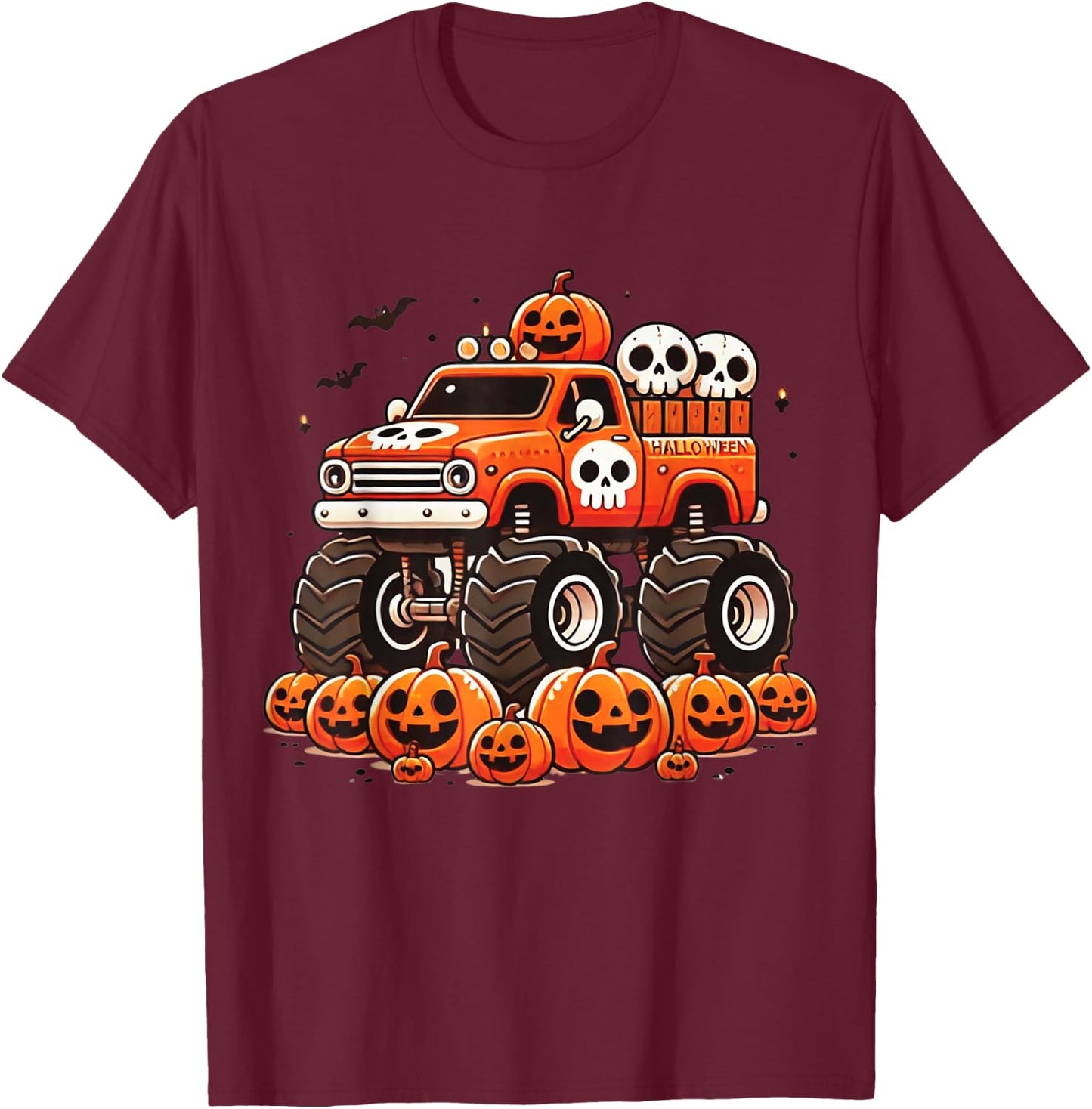 Kids Monster Truck Pumpkin Jack O Lantern Halloween Costume T-Shirt - T-Shirt | Maroon