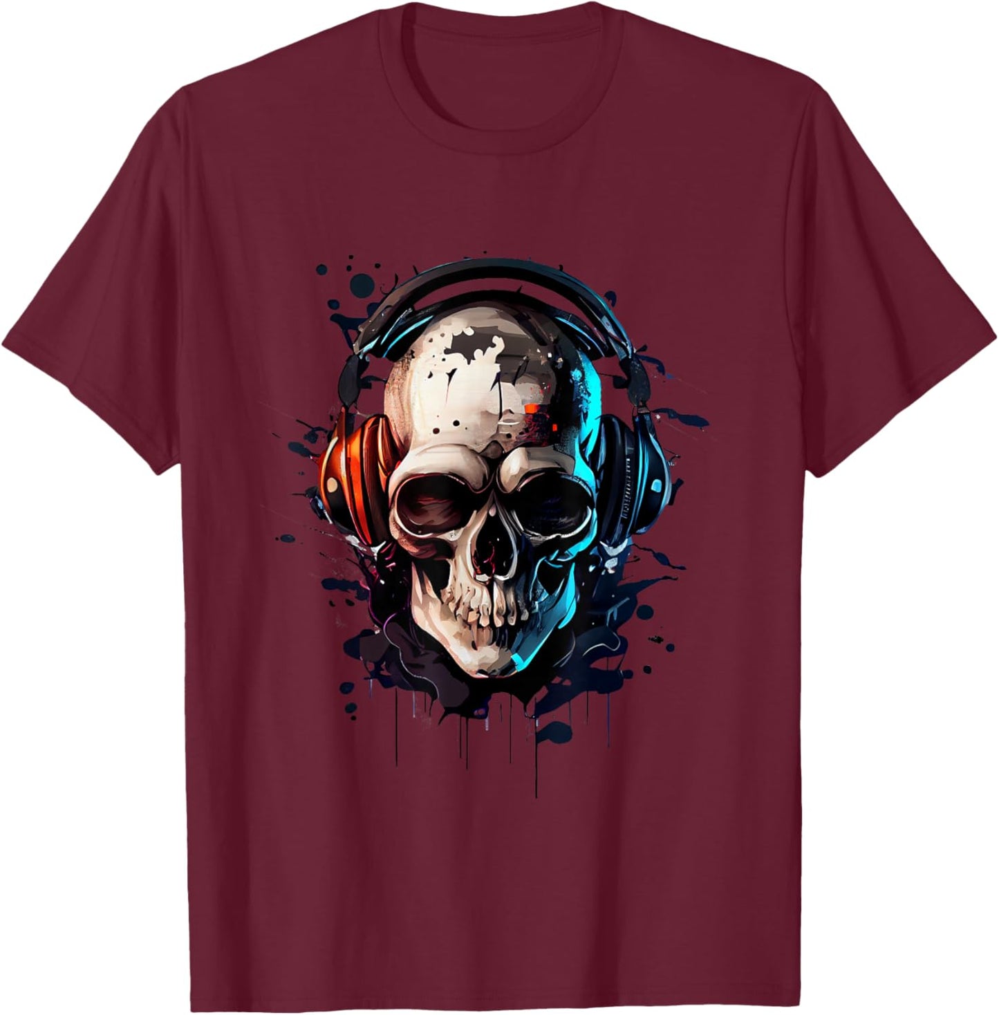 Skull DJ with Headphones for Musicians and Music Fans , black T-Shirt - T-Shirt | Maroon