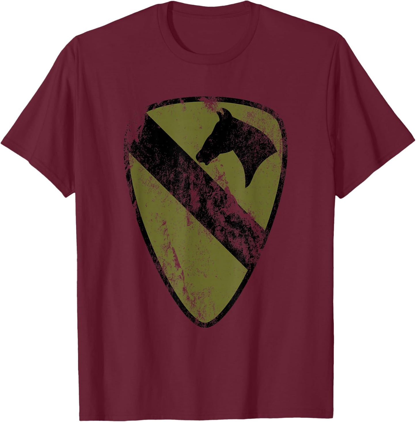 1st Cavalry Division Patch - 1st CAV OD Green - Vintage T-Shirt - T-Shirt | Maroon