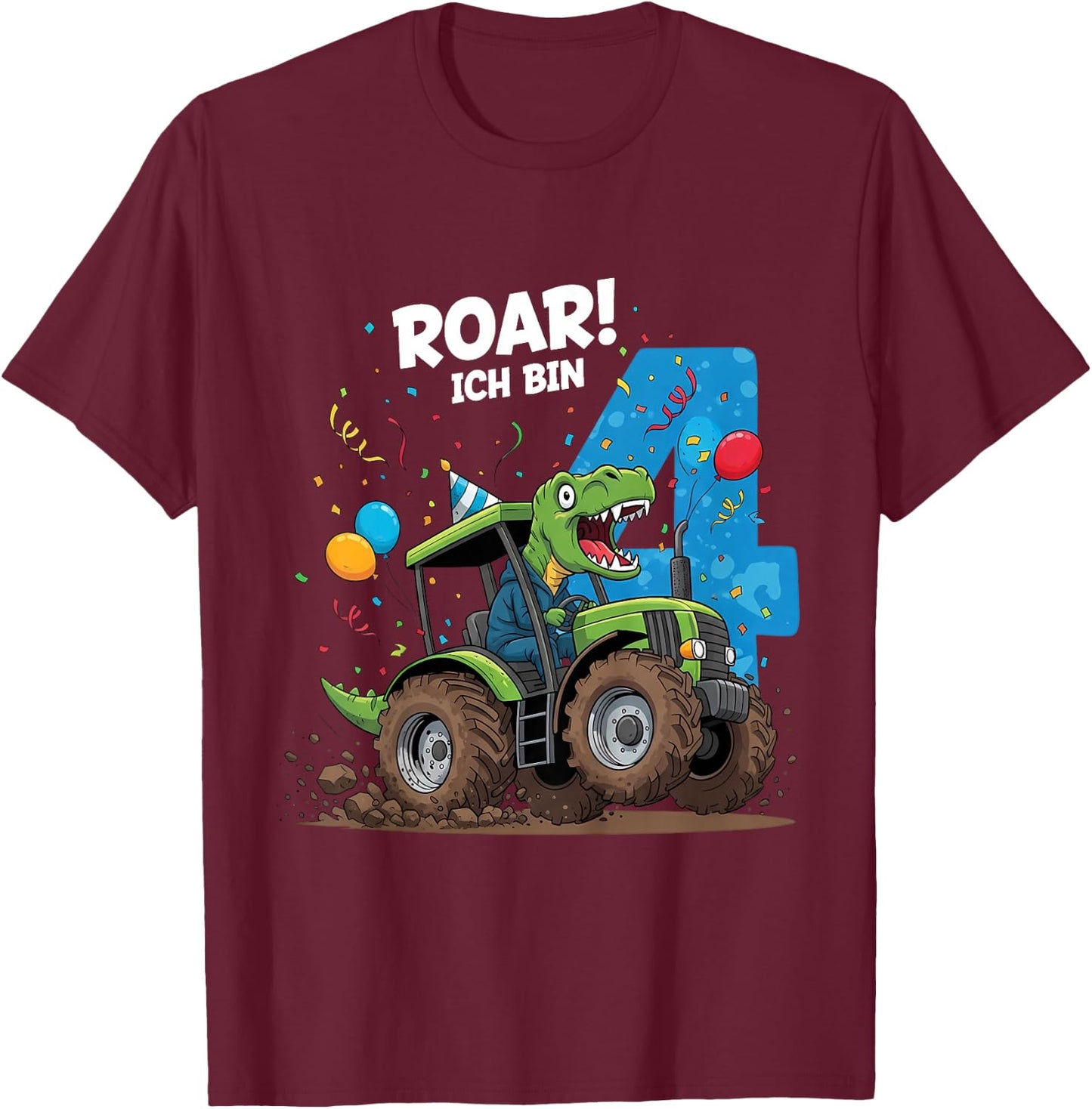 Kinder Dinosaurier Traktor Kinder Geburtstag 4 Jahre Junge T-Shirt - T-Shirt | Maroon