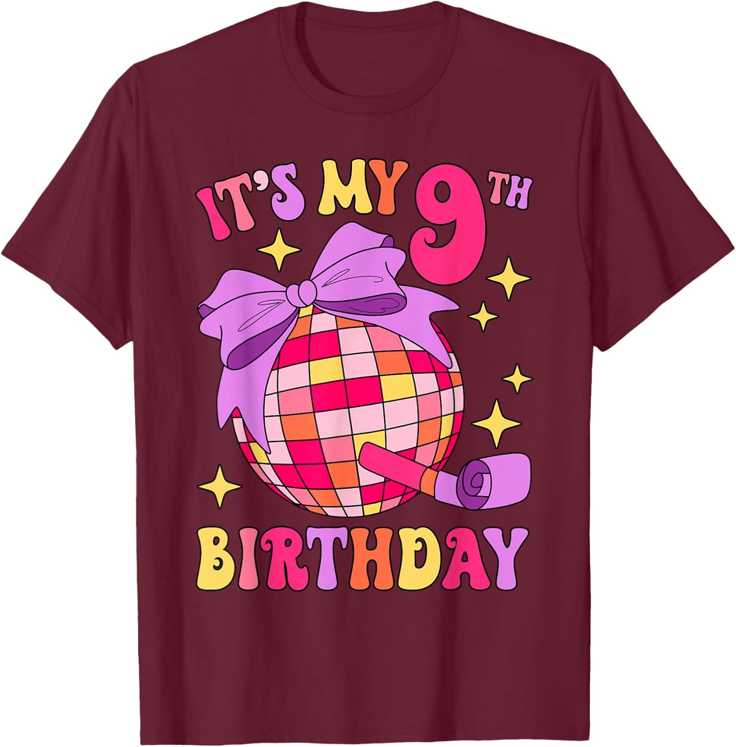 It's My 9th Birthday Disco Bow Party 9 Years Old Kids Girls T-Shirt - T-Shirt | Maroon