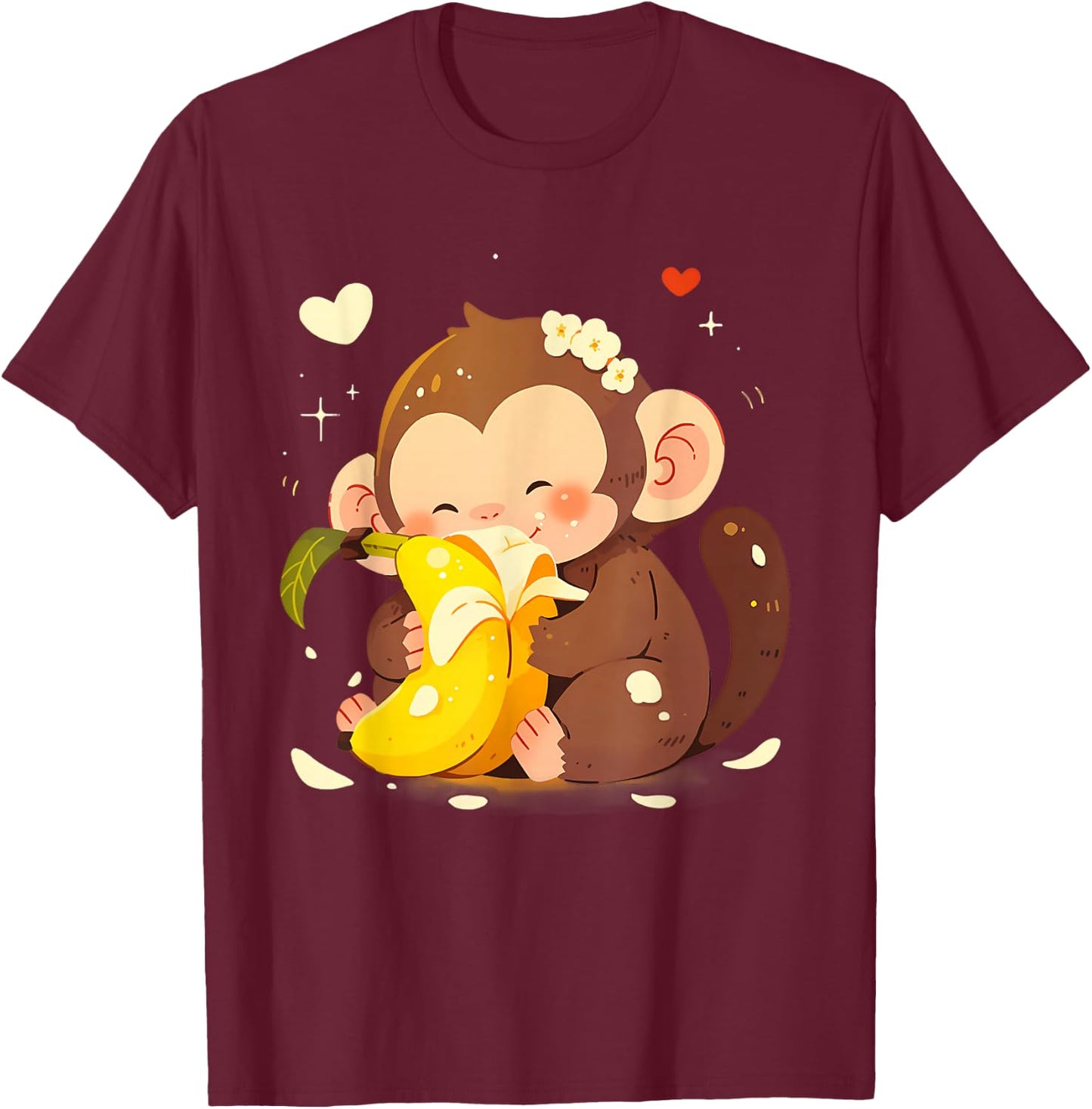 Banana Monkey Cute Monkey Drawing Bananas Fruit Wildlife T-Shirt - T-Shirt | Maroon