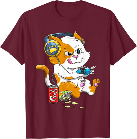 Funny Cat Gaming Cat Lover Kawaii Video Games Funny Gamer T-Shirt - T-Shirt | Maroon
