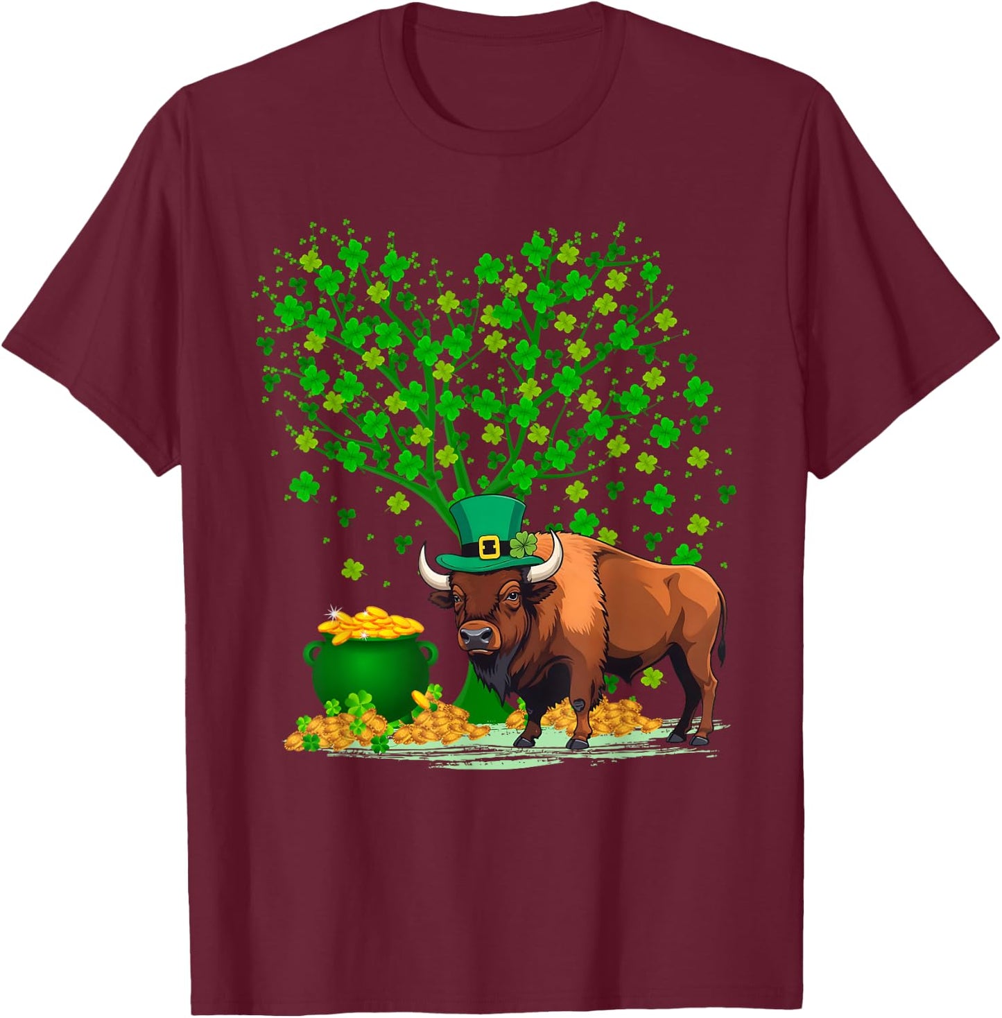Shamrock Tree Leprechaun Hat Bison St Patrick's Day T-Shirt - T-Shirt | Maroon