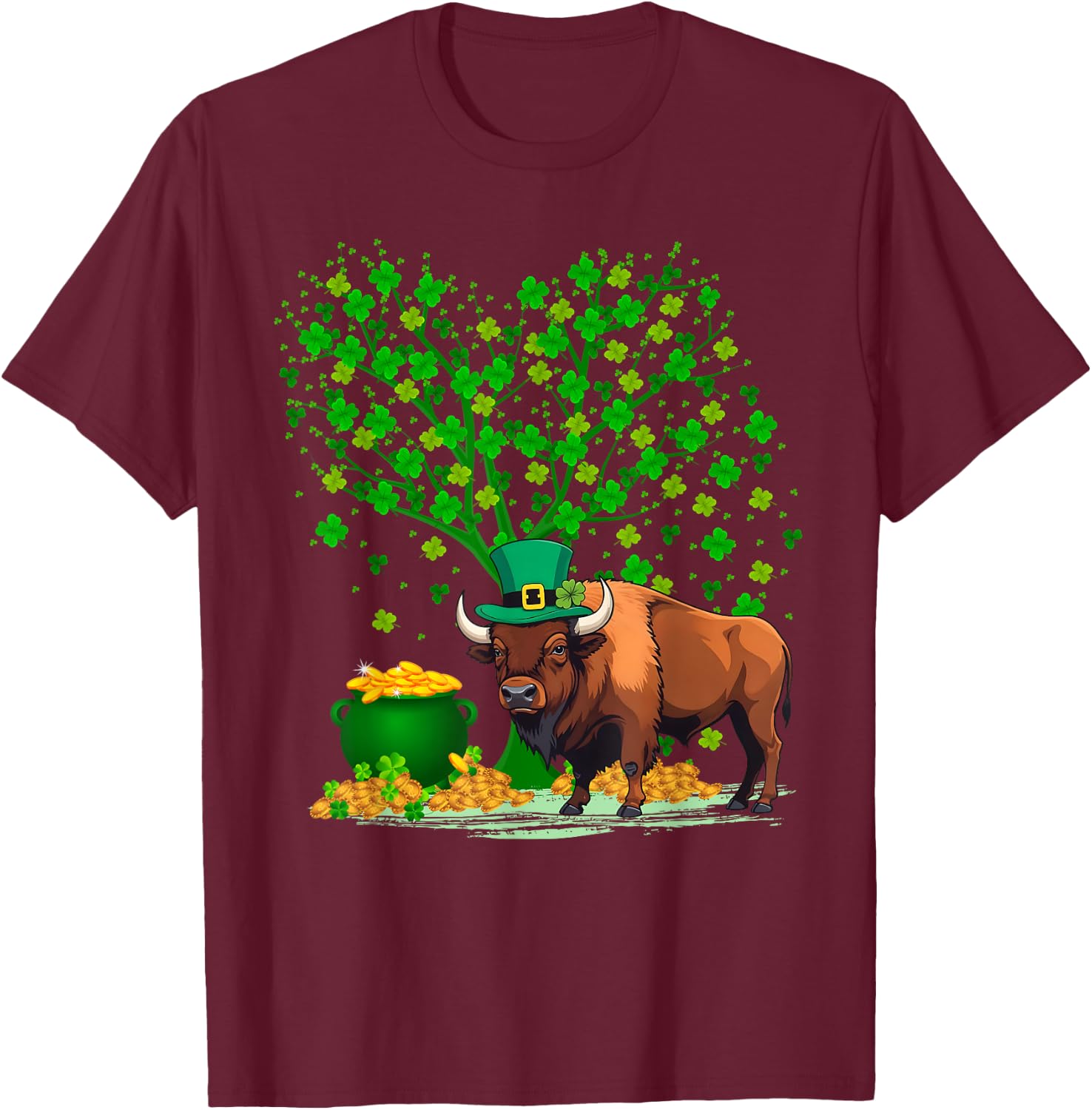 Shamrock Tree Leprechaun Hat Bison St Patrick's Day T-Shirt - T-Shirt | Maroon